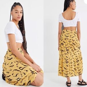 Urban Outfitters Natalia Tiered Ruffle Maxi Skirt, Mustard Print, Size Medium